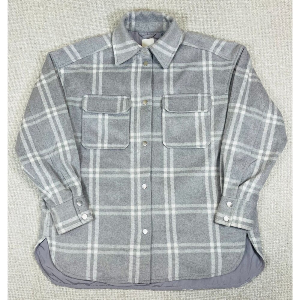 H&M Jacket Shacket Women's Small Gray Plaid Snap Up Lined Pockets Oversized